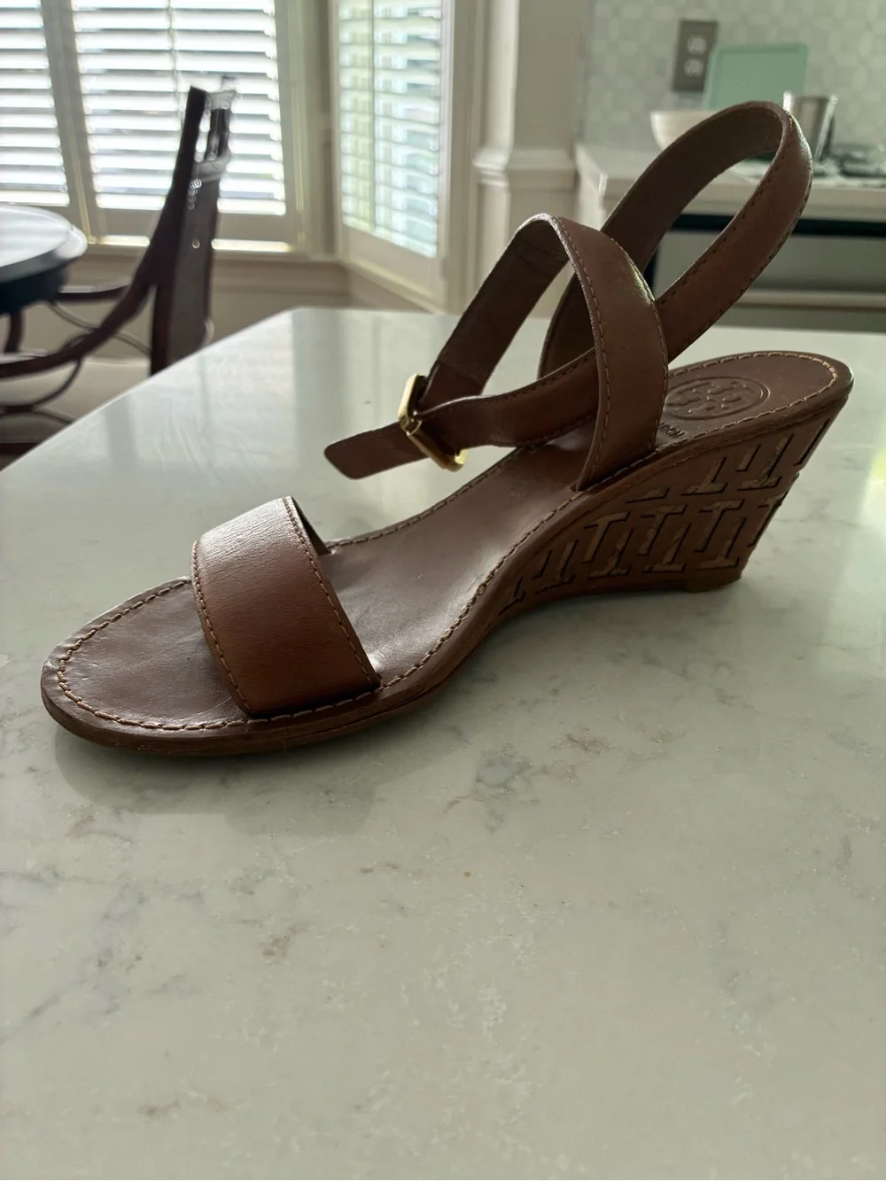 Tory Burch Cognac Leather Ankle-Strap Wedge Sandals